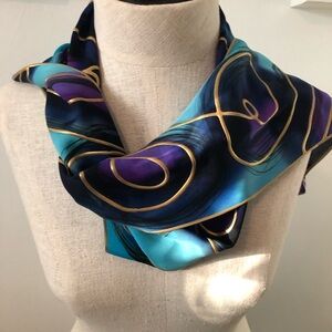 RARE Hand Painted Abstract Turquoise and Purple Scarf